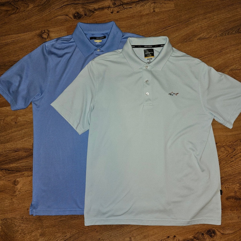 Lot of 2 Greg Norman Play Dry Polo Shirts Mens Medium Blue Mint Green Golf Tops